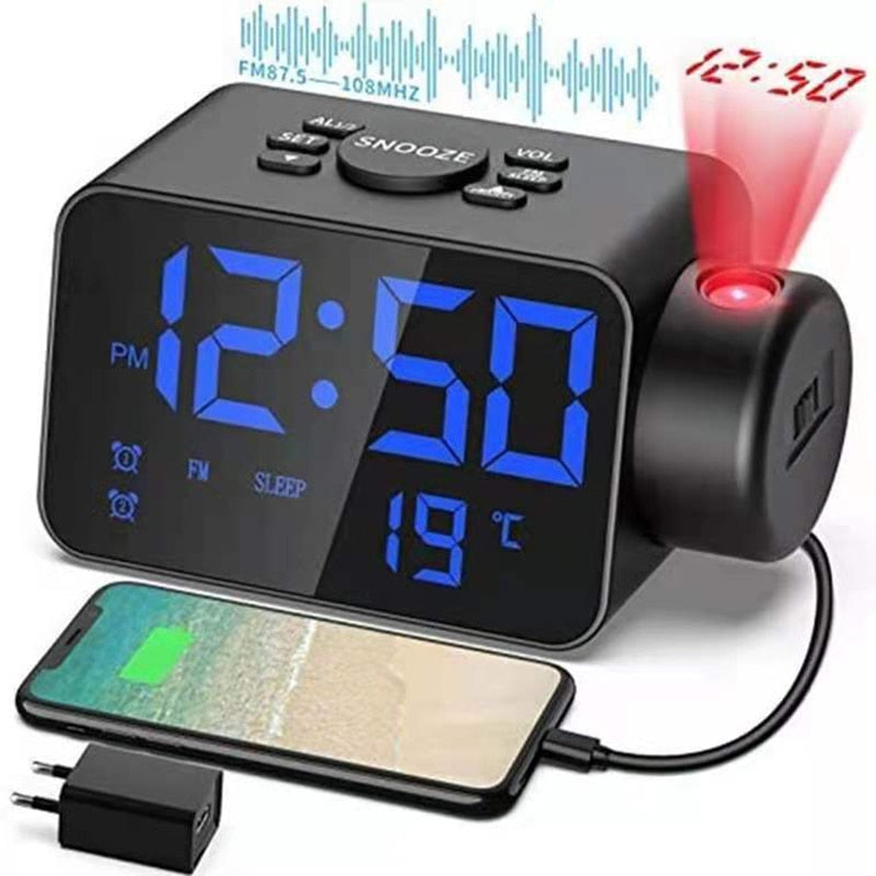 Réveil Projecteur Plafond Radio Réveil Avec Led Miroir Écran USB